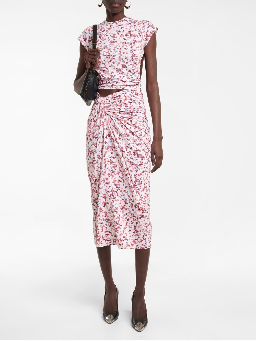 Pink Floral Ruched Midi Skirt